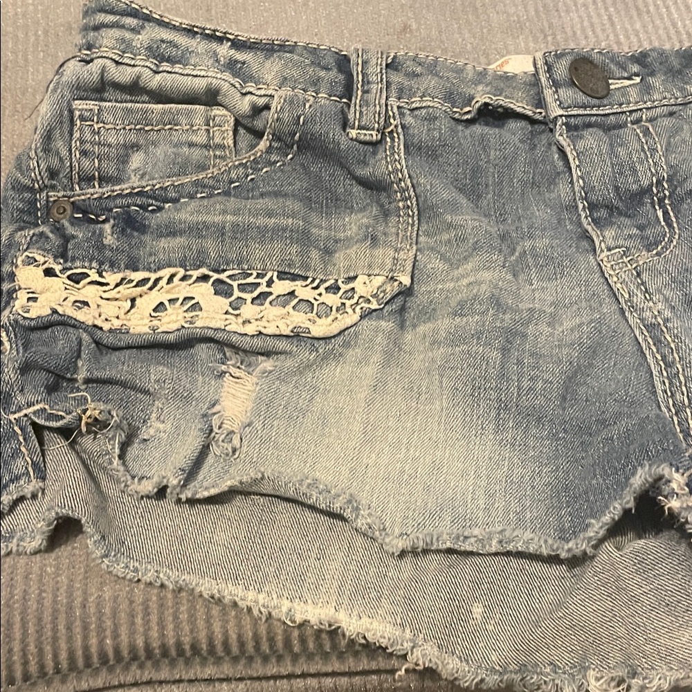 Distressed Denim Shorts with Lace Detail